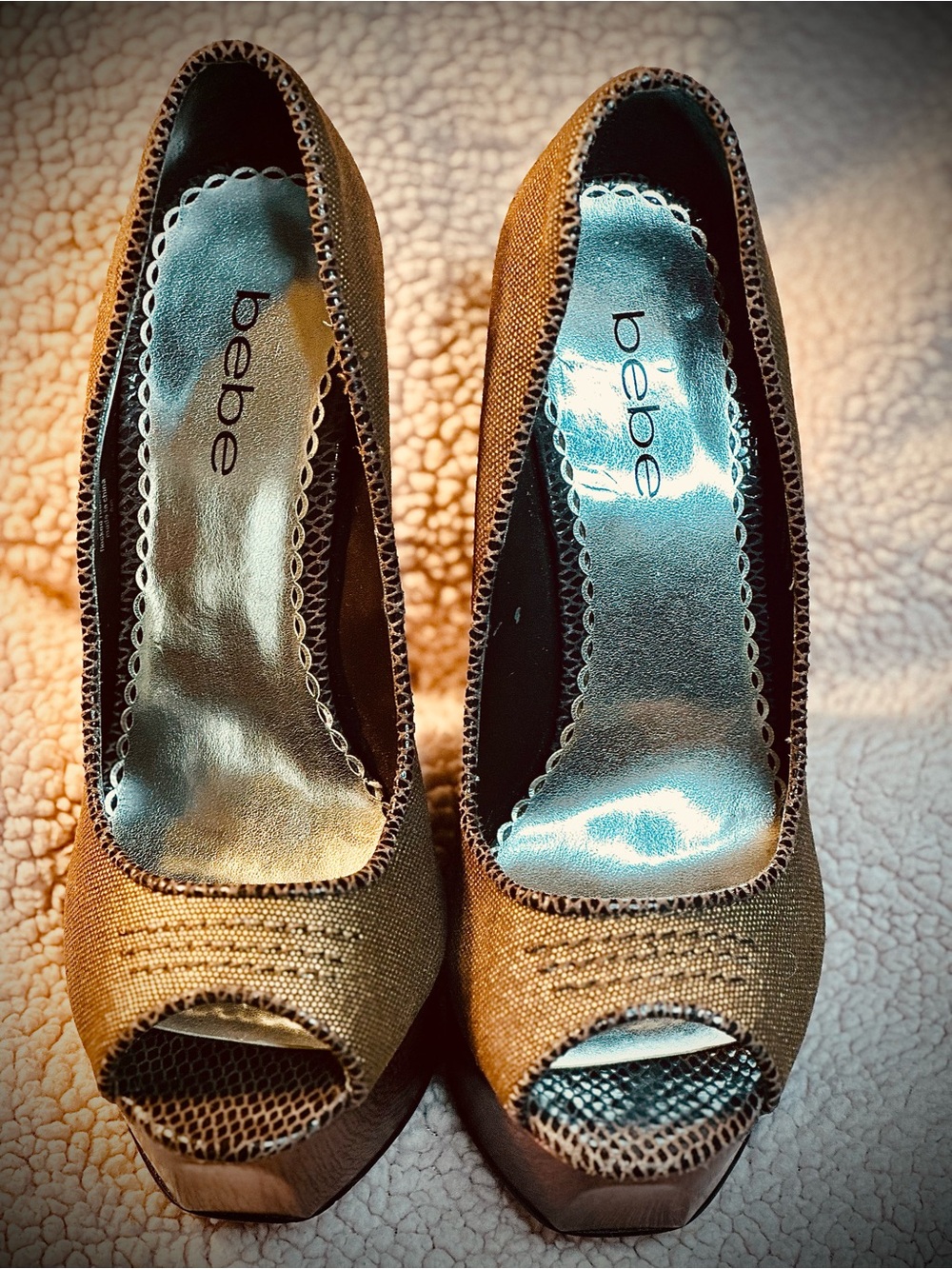 BeBe Brown/Gold Peep-Toe Platform Heels